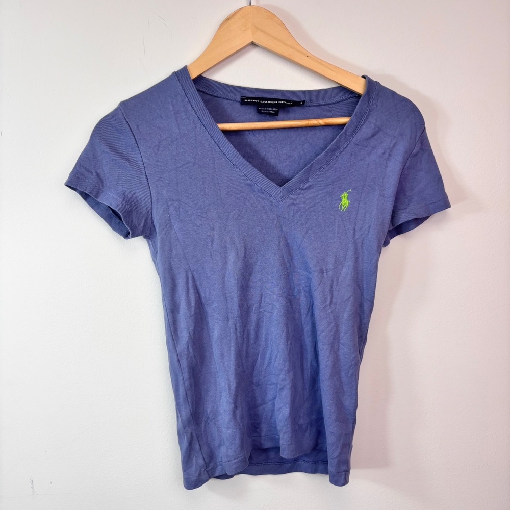 Ralph Lauren Sport Blue V Neck T Shirt Small Green Pony Preppy Y2K Style